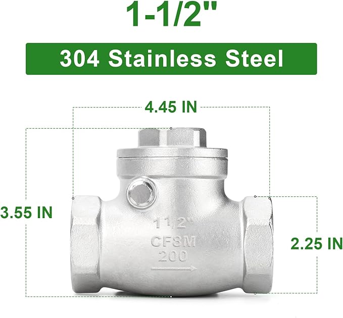 TAISHER 1PCS 304 Stainless Steel 1-1/2" Female Swing Check Valve，Backflow Prevention, One Way Check Valve CF8 WOG 1000