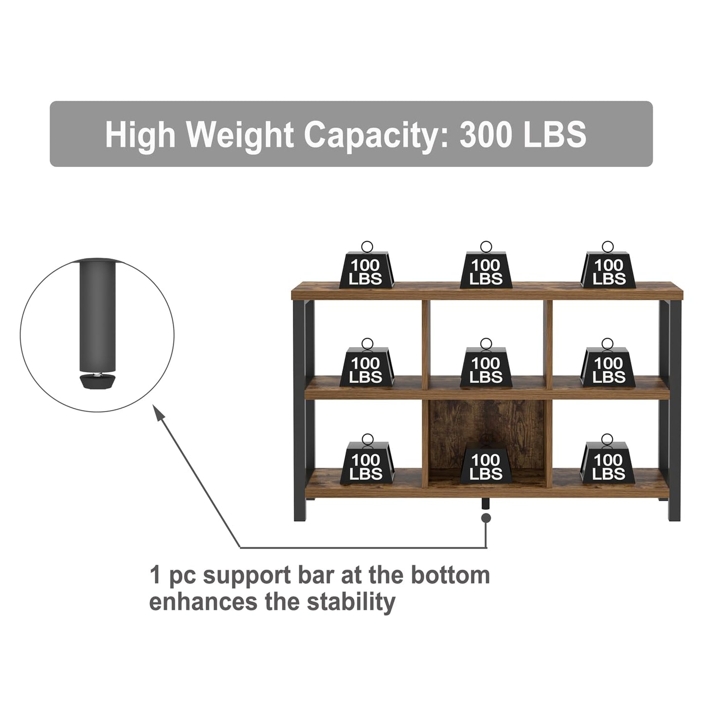 FOLUBAN Industrial Horizontal Bookshelf, 6 Cube Storage Organizer with Shelf, Wood and Metal Cubby Bookcase for Living Room Bedroom, Rustic Brown, 47 Inch