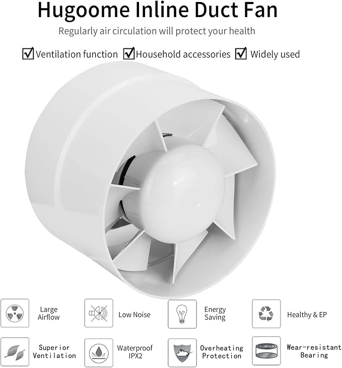 HUGOOME Inline Duct Fan 5 Inch Vent Booster, HVAC Exhaust Intake Fans 141 CFM, Ventilation Blower for Grow Tent Attic Kitchen Garage Greenhouse Basement (Φ 5 inch/110v)