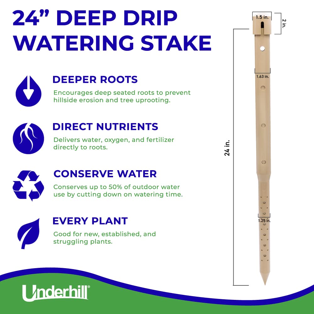 Underhill Deep Drip Irrigation Stakes 24-1/2-Inch, Case of 25 Watering Spikes for Trees with Medium Depth Roots, Drip System Tubes, A-DD24-25