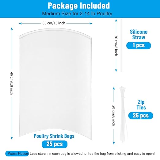 Poultry Shrink Bags, Pack of 25, Food Grade Heat Wrap Bag, 13"x 18" Clear Poultry Shrink Wrap Freezer BPA Free Food Safe Storage Bags for Chicken, Rabbit and More, 25 Zip Ties and Silicone Straw