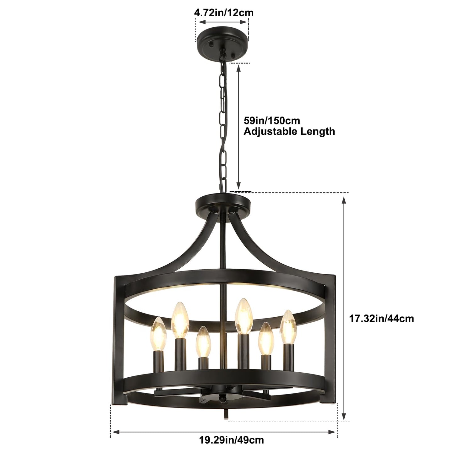 WBinDX 6-Light Modern Farmhouse Chandelier, Black Hanging Pendant Lighting, Convertible Semi Flush Mount Ceiling Light Rustic Cage Glass Chandeliers for Dining Room Kitchen Bedroom Foyer Entryway