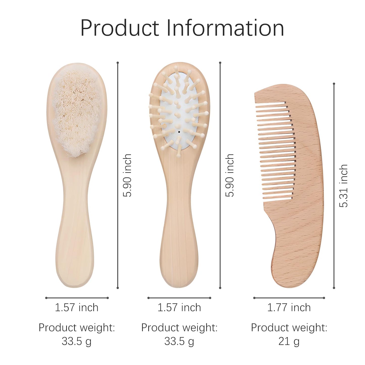 Jaasuee Baby Bath Grooming Kit Natural Wooden Hairbrush with Gentle Goat Bristles, Pear Wood Comb, and Soothing Massage Brush for Babies, Toddlers, and Kids