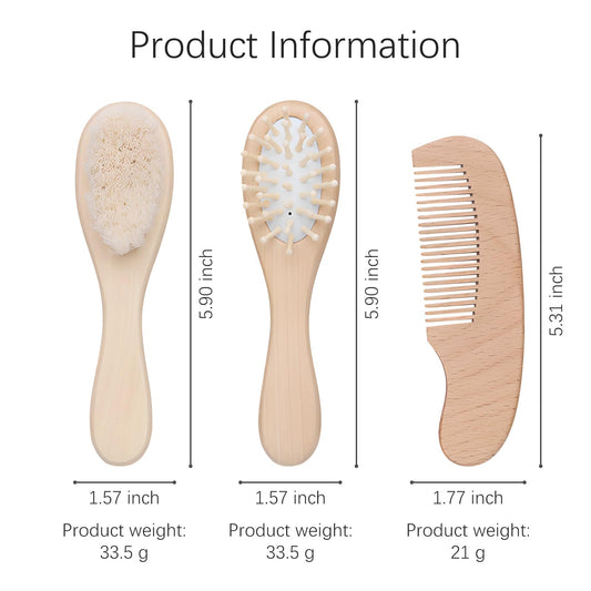 Jaasuee Baby Bath Grooming Kit Natural Wooden Hairbrush with Gentle Goat Bristles, Pear Wood Comb, and Soothing Massage Brush for Babies, Toddlers, and Kids