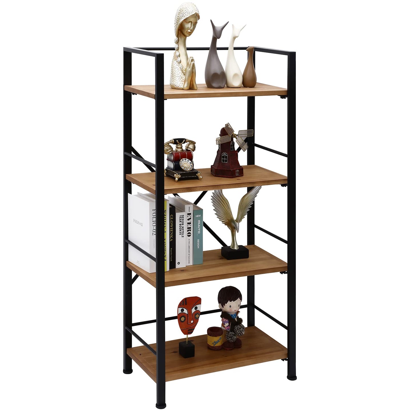 Crofy Rustic Bookshelf, 4 Tier Real Wood Bookshelf, Metal Book Shelf for Storage, Black Bookcase, 12.6" D x 23.62" W x 50.39" H