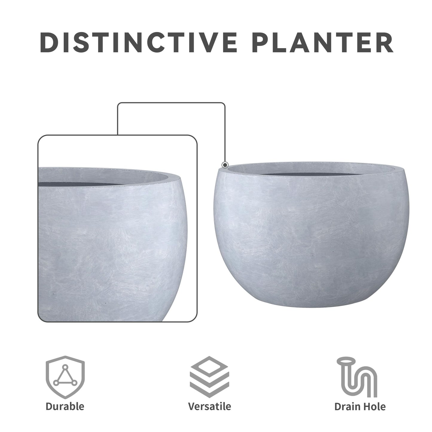 Kante 19.9",15.7",11.8" Dia Round Concrete Planter Set of 3, Outdoor/Indoor Large Bowl Plant Pots with Drainage Hole and Rubber Plug for Garden Patio Balcony Home, Gray