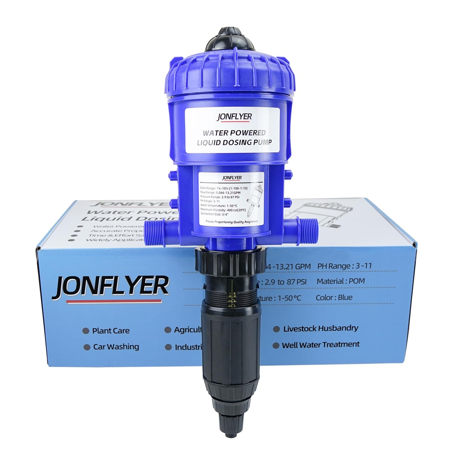 JONFLYER GEN Ⅱ 1-10% Fertilizer Injector Adjustable Chemical Liquid Dosing Pump,13.21 GPM,POM Housing,Water Powered Liquid Dispenser for Drip Irrigation Garden Greenhouse Livestock Water Well