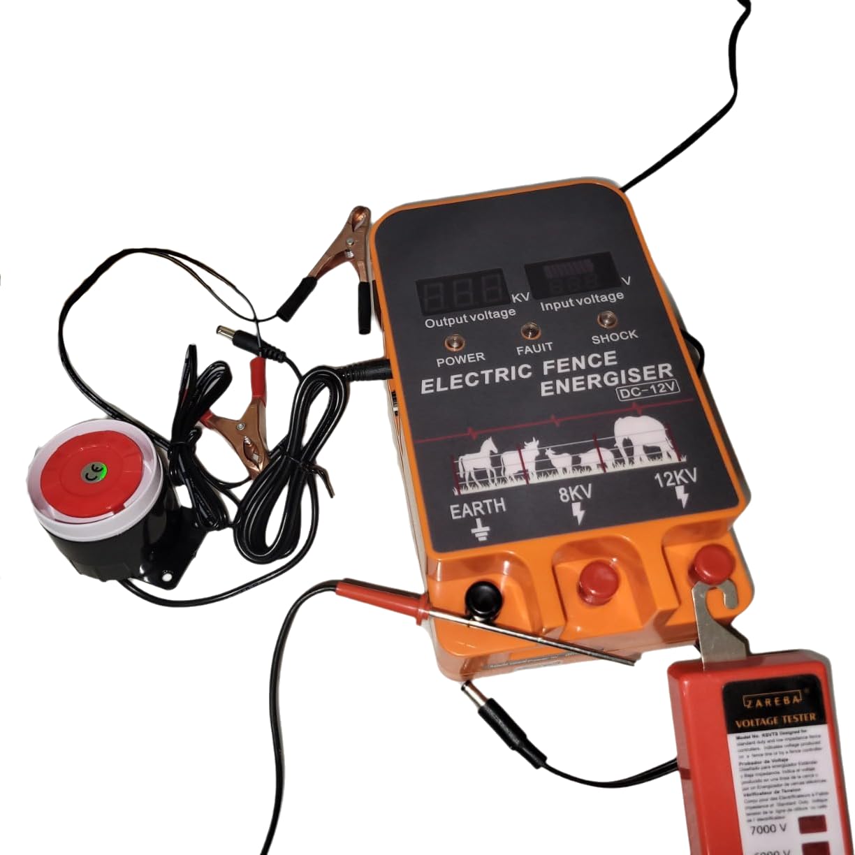 Electric Fence Energizer, 5.5 Joules 200 Acres Electric Fence Charger, AC & DC Power Supply, Output 8KV 12KV for Cattle Cow Horse Goat Pig Livestock, with Alarm and Remote