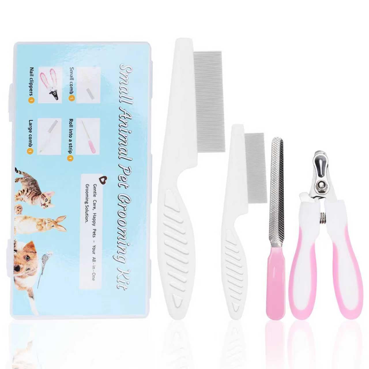 Guinea Pig Brush Kit Hamster Cleaning Grooming Comb with Nail Clipper Trimmer, Nail Files - Professional Small Animal Grooming Tool for Rabbit, Bunny, Puppy, Kitten, Ferret