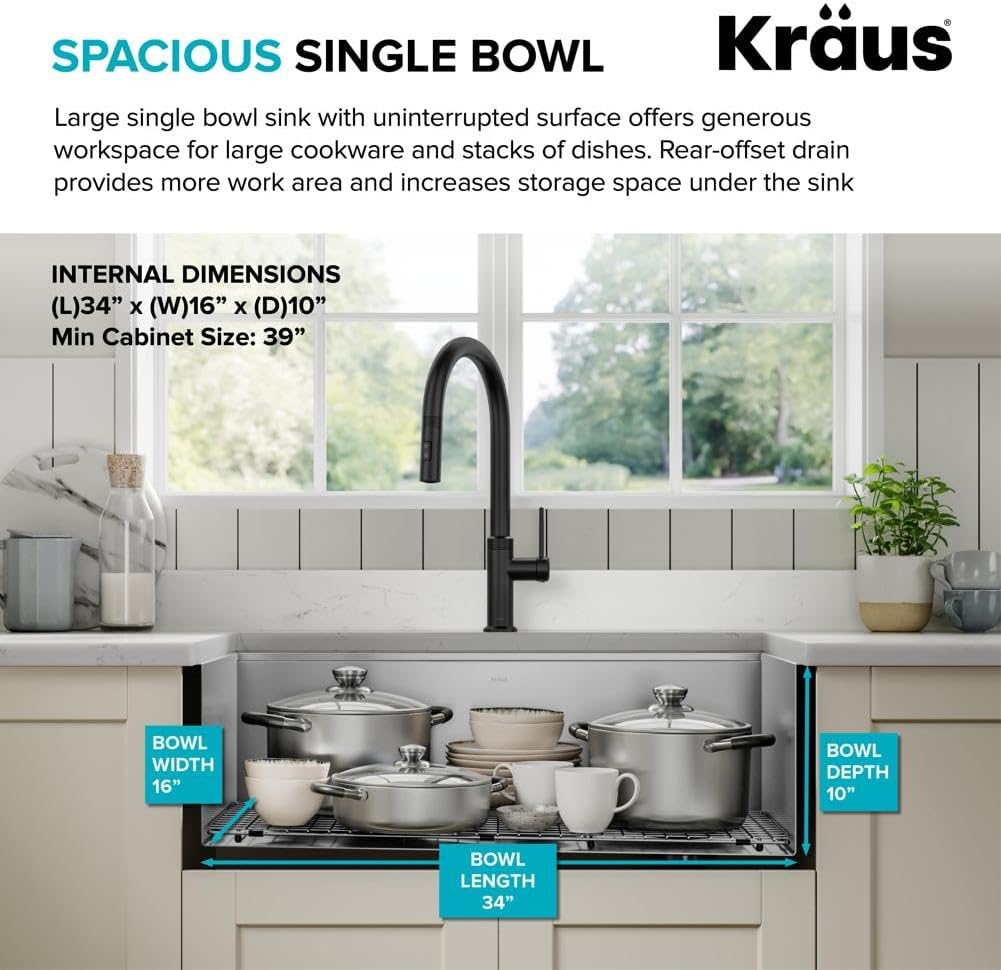 KRAUS Kore 36-Inch Modern Farmhouse Workstation 16 Gauge Single Bowl Stainless Steel Kitchen Sink with Accessories, KWF410-36