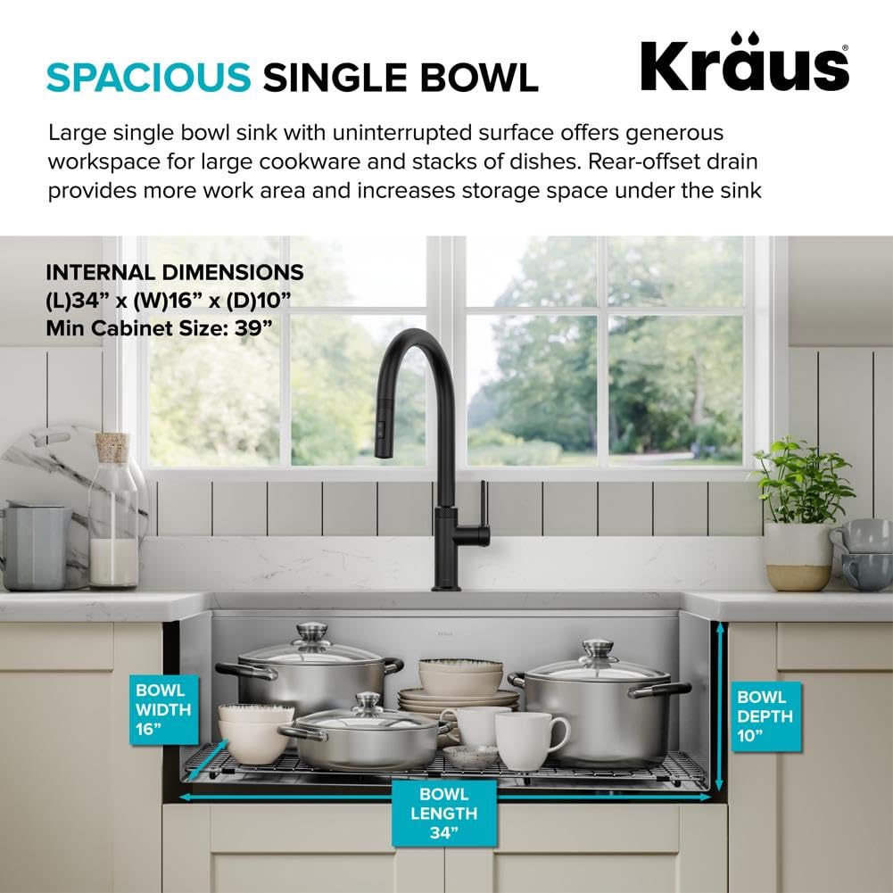 KRAUS Kore 36-Inch Modern Farmhouse Workstation 16 Gauge Single Bowl Stainless Steel Kitchen Sink with Accessories, KWF410-36