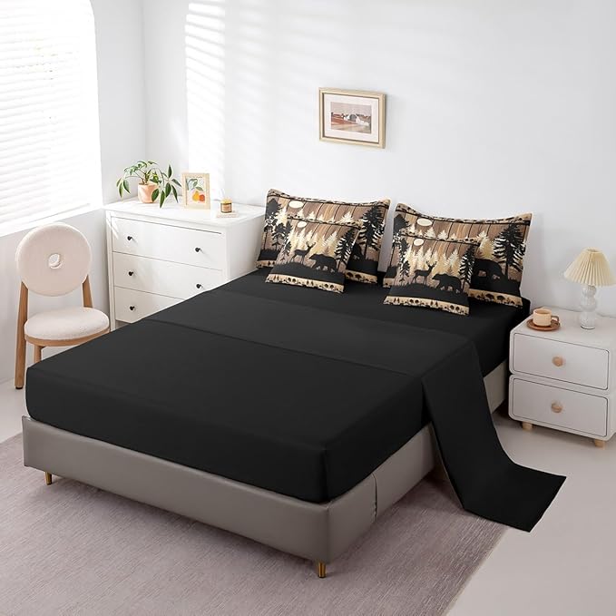 Feelyou Rustic Bear Deer Comforter Set 7 Pieces Wildlife Hunting Theme Bed in a Bag Wild Animal Bedding Set Full Size Bedroom Decor Wooden Board Bed Set with Comforter, Sheet Set, Pillowcases