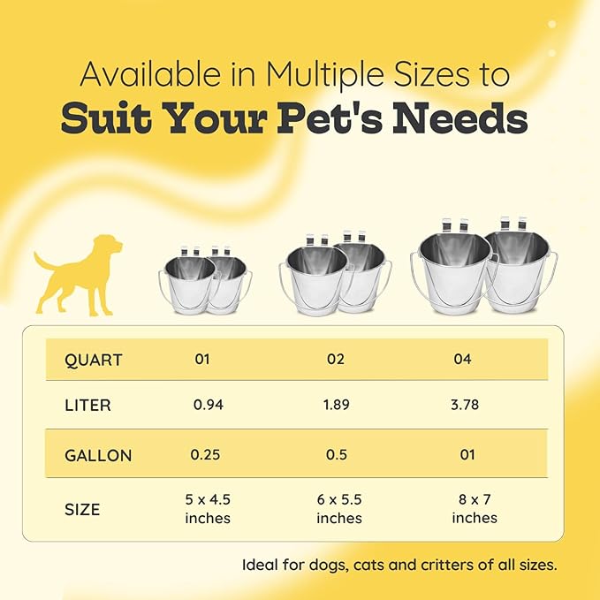 1 Quart Stainless Steel Flat Sided Pail with Dual Hooks | Hanging Bucket for Dog, Cat, Birds & Small Animals | Food & Water Bowl Fits Kennels, Crates & Cages | Multipurpose Use, Pack of 2