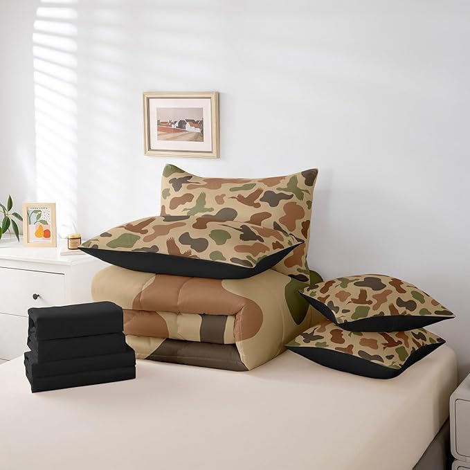 Feelyou Camo and Duck Bed Set Boys Girls Full Size Duck Hunting 7 Pieces Bedding Set For Kids Women Men Ultra Soft Duck Hunter Bed Set Includes Comforter, Sheet Set, Pillowcases Brown Green Room Decor