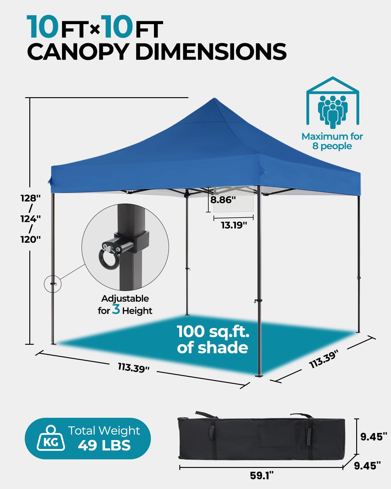 Eesdom 10x10 Pop Up Canopy with Wheeled Bag, Commercial Portable Canopy Tent, Easy Set Up, 4 Stakes & 4Sandbags & 4 Ropes, Waterproof Outdoor Shelter for Market, Parties, Blue