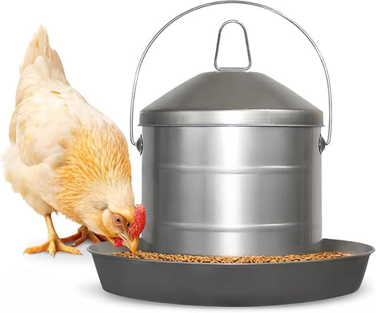 Plexon 17.6 Lb Stainless Steel Hanging Chicken Feeder no Waste Food-Grade Large - Poultry Feeder for Chicken Metal - Heavy Duty Reliable Long-Lasting with Handle