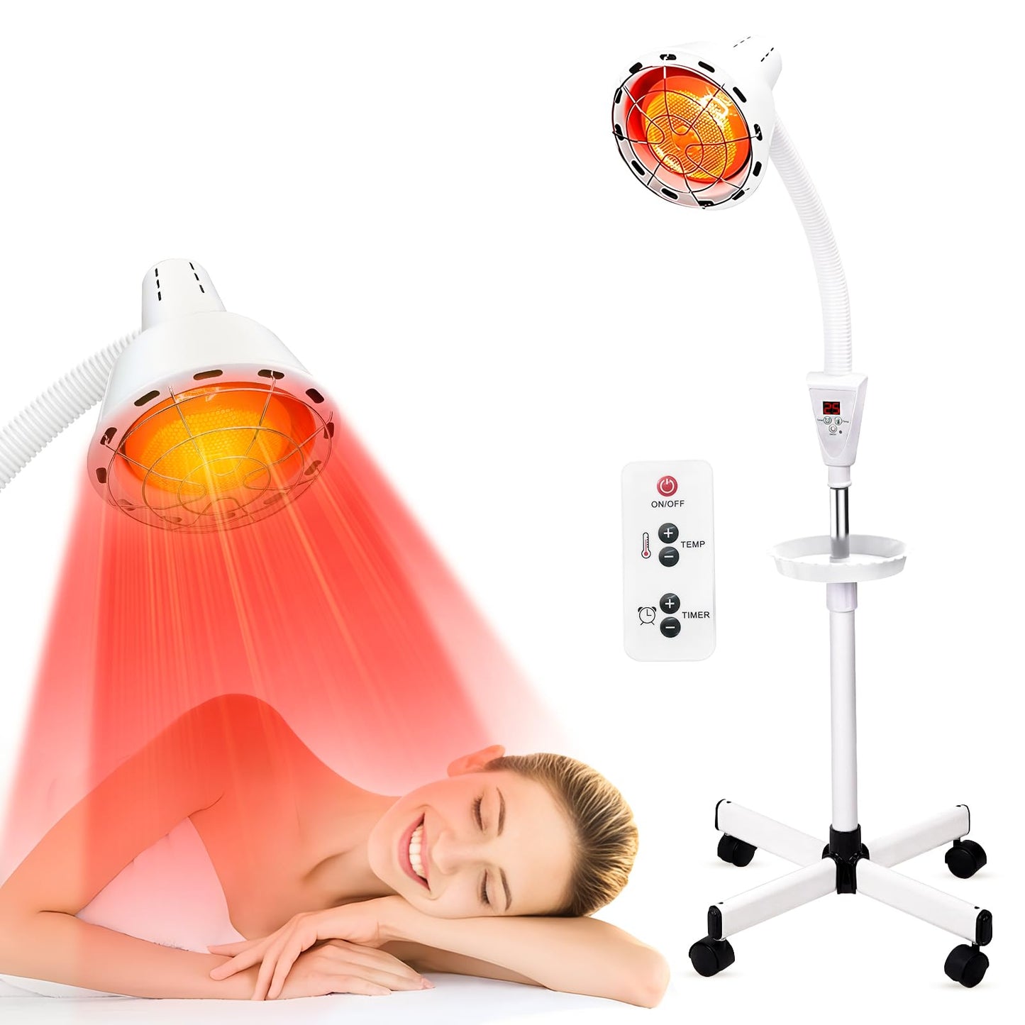 YUNCHI Infrared Red Light Therapy Heat Lamp 275W, Adjustable Temperature & 360° Rotating Head, Floor Stand with Wheels for Pain Relief
