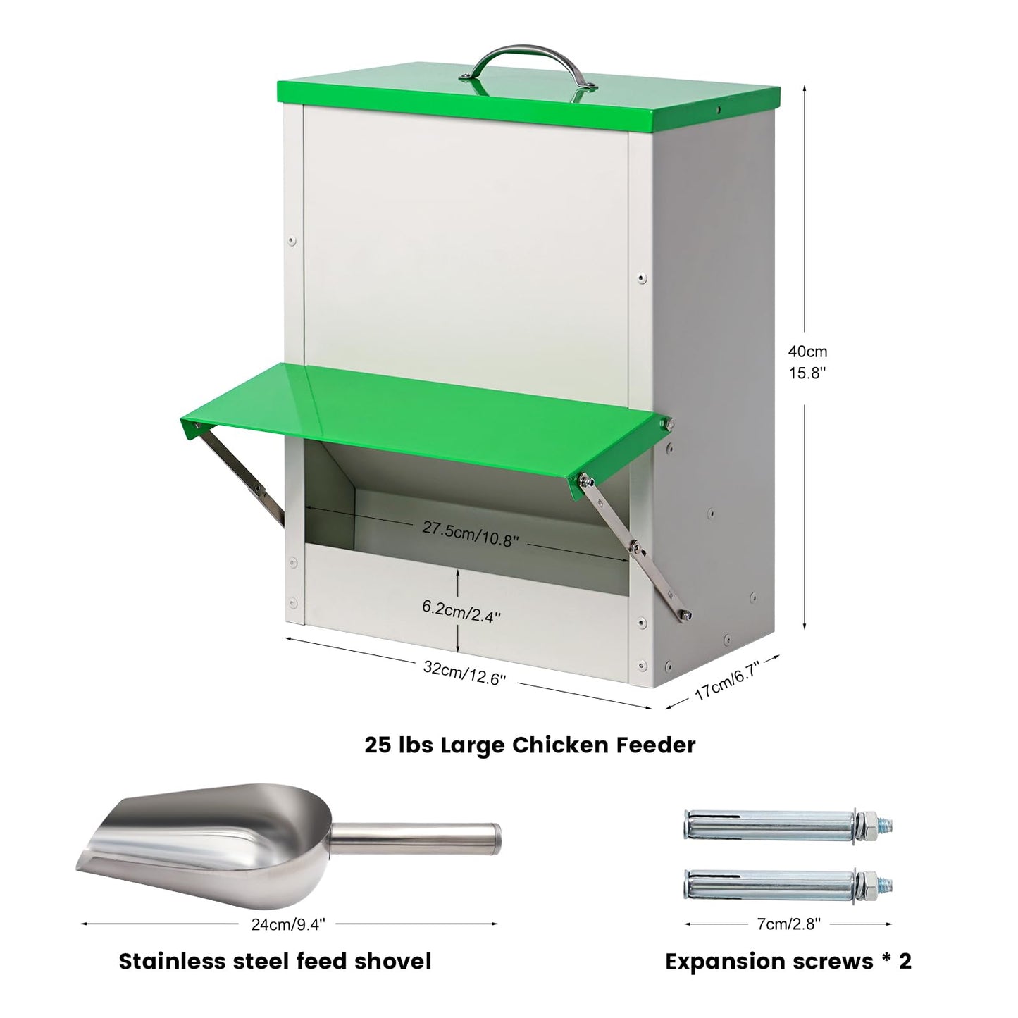 25lb Automatic Chicken Feeders Metal Poultry Feeder no Waste Large Chicken Coop Feeders with Lid Hanging Chicken Feeder Trough for Quail Chickens Ducks Feeder Outside Waterproof Chicken Feeder