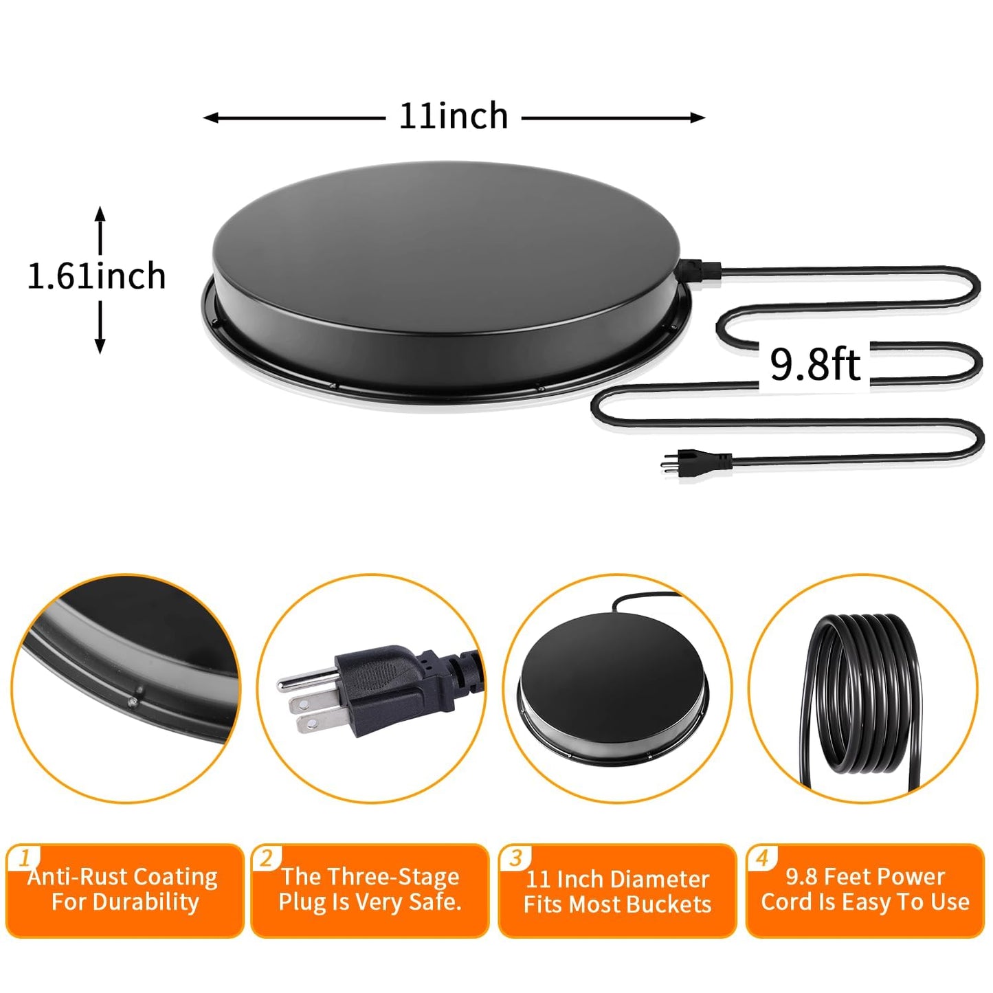 Chicken Water Heater for Winter, 110Watt Thermostat Heated Poultry Waterer Base with 9.8ft Power Cord，Suitable for Poultry Waterer (Black, 11INCH-1PACK)