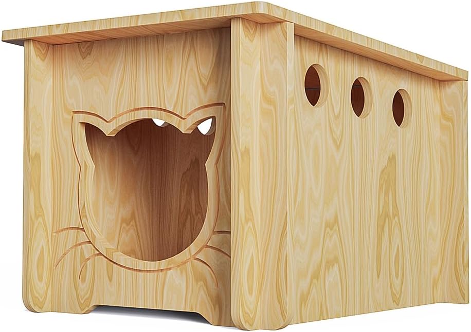 Pinewood Cat House, Weatherproof Wooden Bunny Rabbit Cat Hutch Outdoor Pet Cage Shelter Feral Cat House, Small Pet House and Habitats