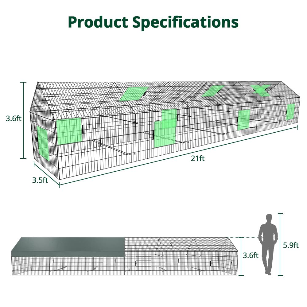 Metal Chicken Coop, 21ft x 3.5ft Chicken Run Pen for Yard with Cover Outdoor Metal Portable Chicken Tractor Cage Enclosure Crate Outside for Small Animals Duck Rabbit Hen