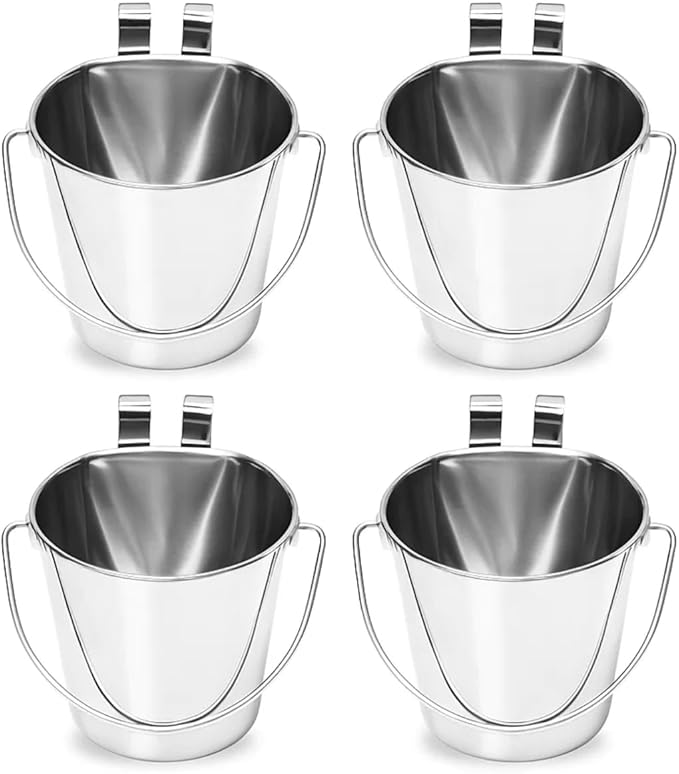 1 Quart Stainless Steel Flat Sided Pail/Dual Hooks | Hanging Bucket for Small Dogs, Cats, Birds, Rabbit, Poultry & Goats | Food & Water Bowl Fits Crates, Cages, Hutches & Farm | Pack of 4