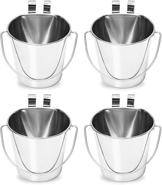 1 Quart Stainless Steel Flat Sided Pail/Dual Hooks | Hanging Bucket for Small Dogs, Cats, Birds, Rabbit, Poultry & Goats | Food & Water Bowl Fits Crates, Cages, Hutches & Farm | Pack of 4