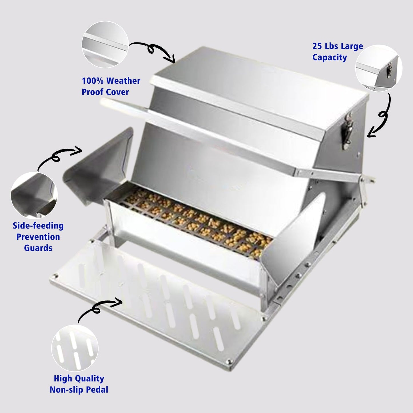 Automatic & Treadle Chicken Feeder, Rat Proof Chicken Feeder with Pedals, Sturdy Galvanized Steel Build & Weatherproof Locking Lid, Rain and Moisture Proof, No Waste, Suitable for Poultry