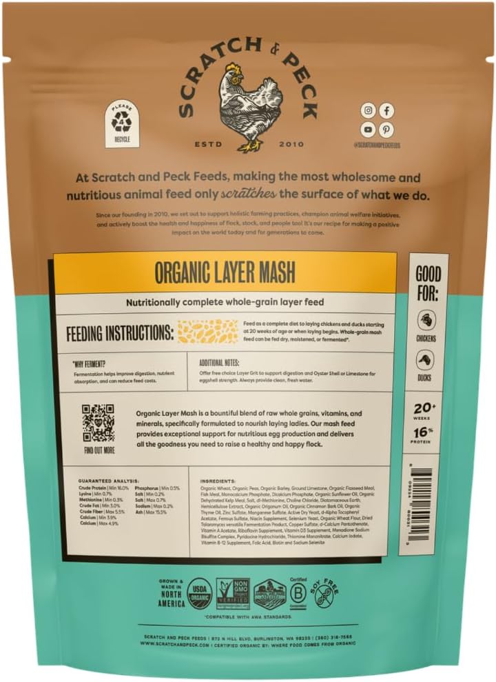 Scratch and Peck Whole Grain Layer Mash Chicken and Duck Feed - 10 lbs Bag - Corn-Free and Soy-Free - 16% Protein, Certified Organic and Non-GMO Project Verified Chicken Food