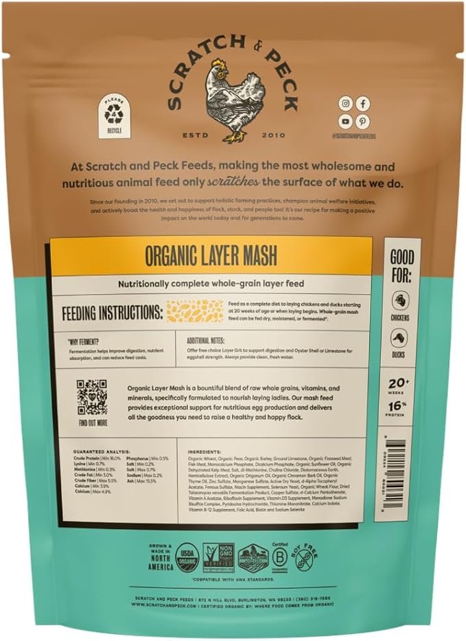 Scratch and Peck Whole Grain Layer Mash Chicken and Duck Feed - 10 lbs Bag - Corn-Free and Soy-Free - 16% Protein, Certified Organic and Non-GMO Project Verified Chicken Food