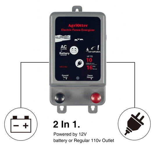AgriOtter Electric Fence Energizer 40 Acre 10 Miles 2 in 1 Powered by Battery or AC Outlet 12000V 2J Pulse Electric
