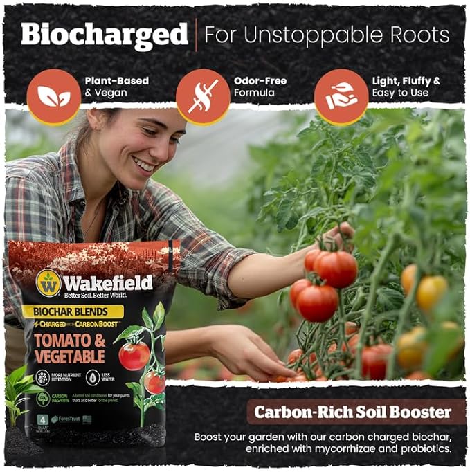 Wakefield Premium Biochar Blend – Organic Potting Soil for Vegetables, Tomatoes & Gardens – Potting Mix Enriched with Humic Acid & CarbonBoost – Versatile Top Soil for Indoor & Outdoor Plants-4quarts