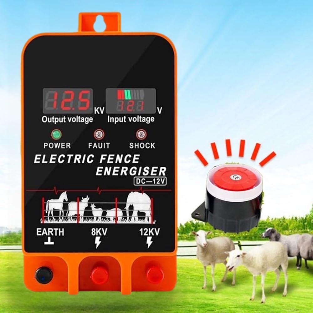 Electric Fence Energizer, 5.5 Joules 200 Acres Electric Fence Charger, AC & DC Power Supply, Output 8KV 12KV for Cattle Cow Horse Goat Pig Livestock, with Alarm and Remote
