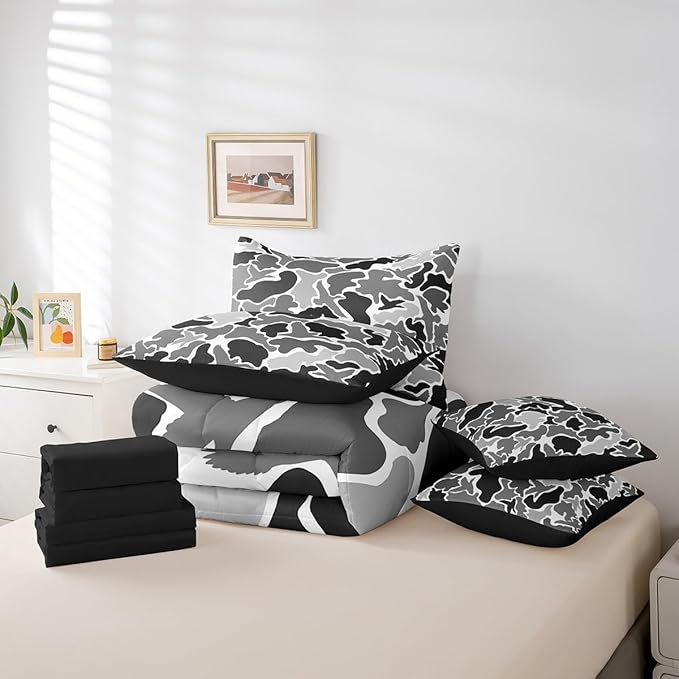 Feelyou Duck Hunter Grey Camouflage Hunting 7 Pieces Bedding Set, Queen Size Black Brown All Season,Bed in a Bag with Comforter, Sheets, Pillowcases Camo Army Bed Set Breathable Wild Room Decor