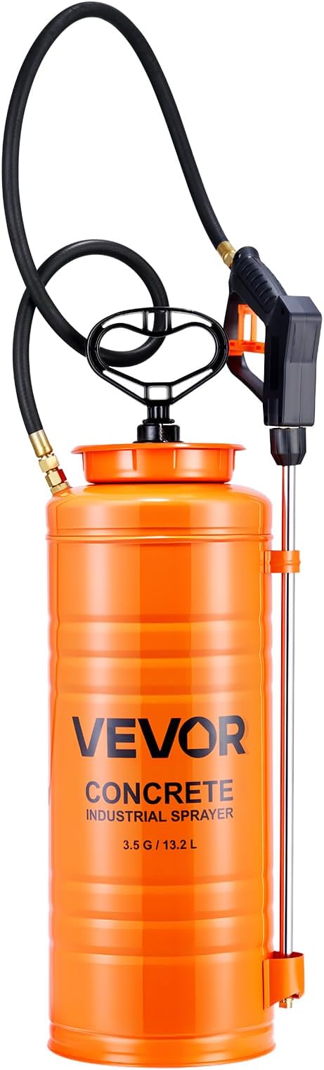VEVOR Industrial Concrete Sprayer, 3.5 Gallon Stainless Steel Sprayer, Heavy Duty Tri-Poxy Pump Sprayers, 20.5"Wand with Ergonomic Gun Handle, 48"& 120"Hose, 2 Brass Nozzles for Construction, Garden