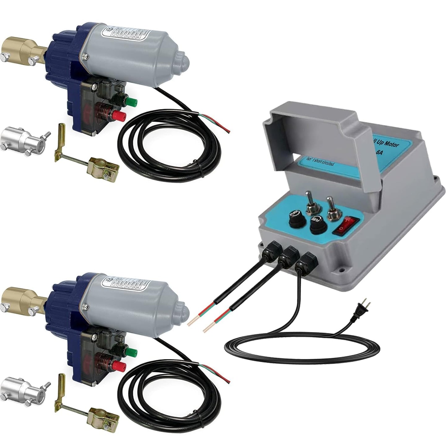UYGALAXY Greenhouse Film Roll Up Motors with Limit Switch (2 Packs) + Transformer Controller Joint Box (AC110V to DC24V) for for Roof Greenhouses Ventilation, Automatic Venting Kit(with Pivot)