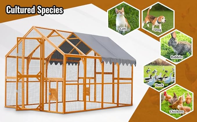 109.6'' Large Wood Chicken Coop Enclosures,Walk-in Poultry Cage, Chicken Run Pen Duck House with Waterproof and Anti-Ultraviolet Cover for Outdoor Farm Use Spire Roof, Yellow