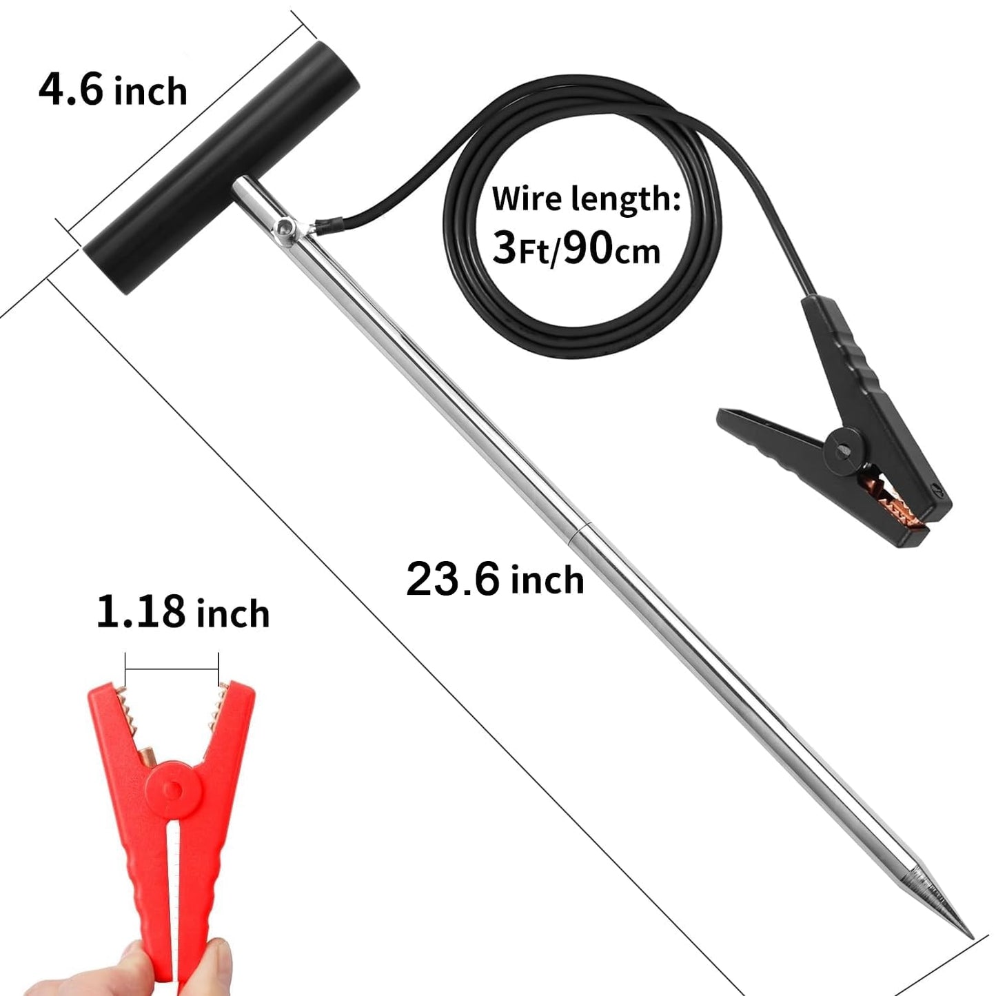 YSLDSKER 24-Inch Extended Solar Electric Fence Grounding Rod with Alligator Clip Lead Wire – for Fence Energizer, Solar Charger & Generator Fence Systems