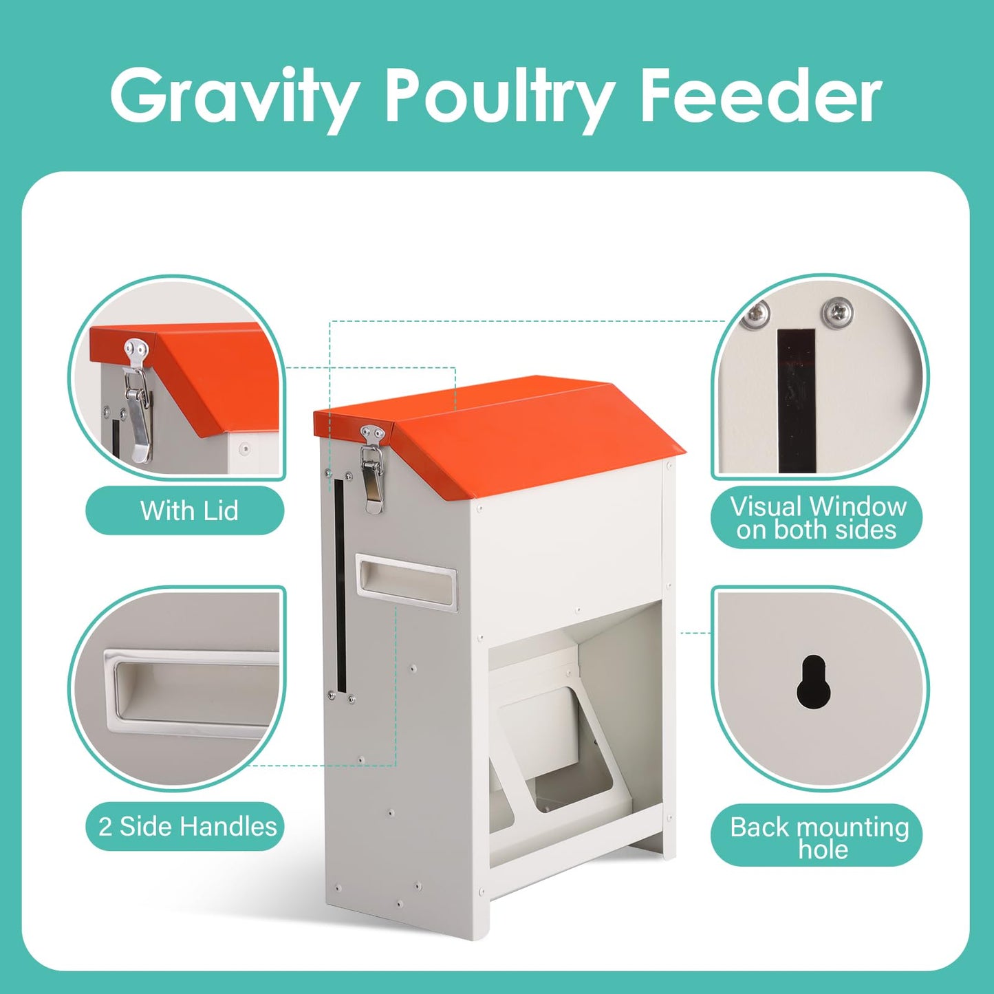 PAUQRWIE Chicken Feeders No Waste 20lbs Large Automatic Poultry Feeder with Lid Auto Feeding Though Dispenser for Duck Turkey Pheasant Chicken Coop Feeder System