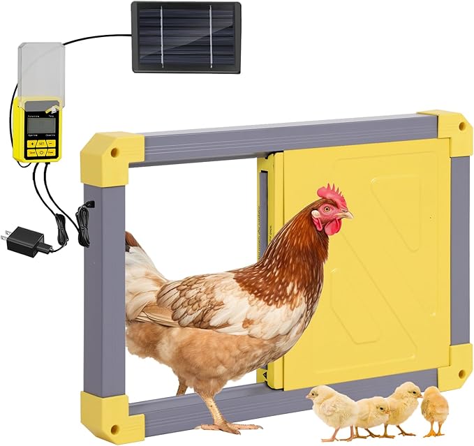 Automatic Chicken Coop Door Opener with Heating and Anti-Pinch Function Solar Powered Auto Chicken House Run Door (Yellow&Grey)