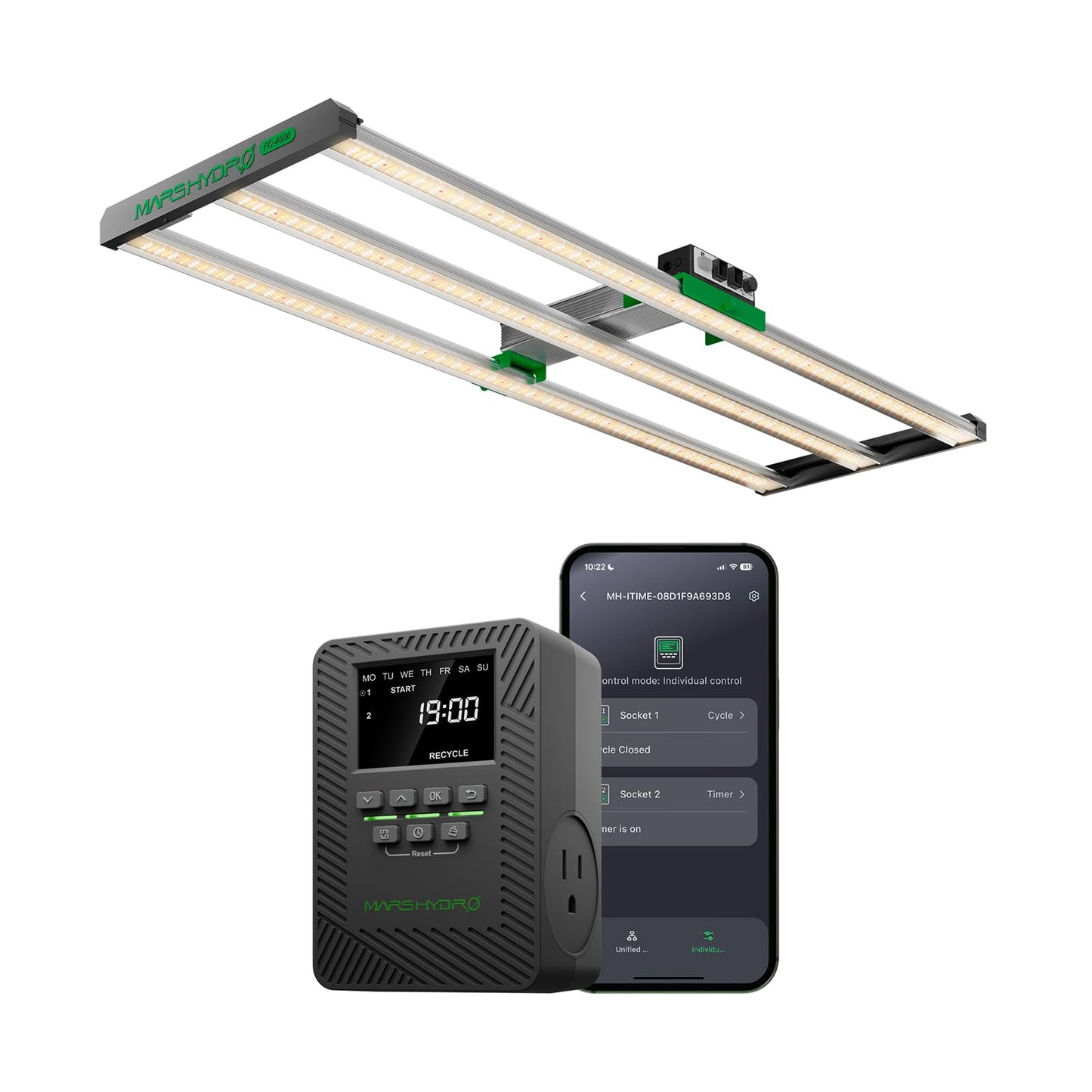 MARS HYDRO FC4000 Samsung LM301H EVO Bar LED Grow Light 2x4, 765 Diodes with Smart Controller 320W and ITime 2-in-1 Smart Timer Outlet Dual Outlet App Control Custom Programmable 12 On/Off for Home Of