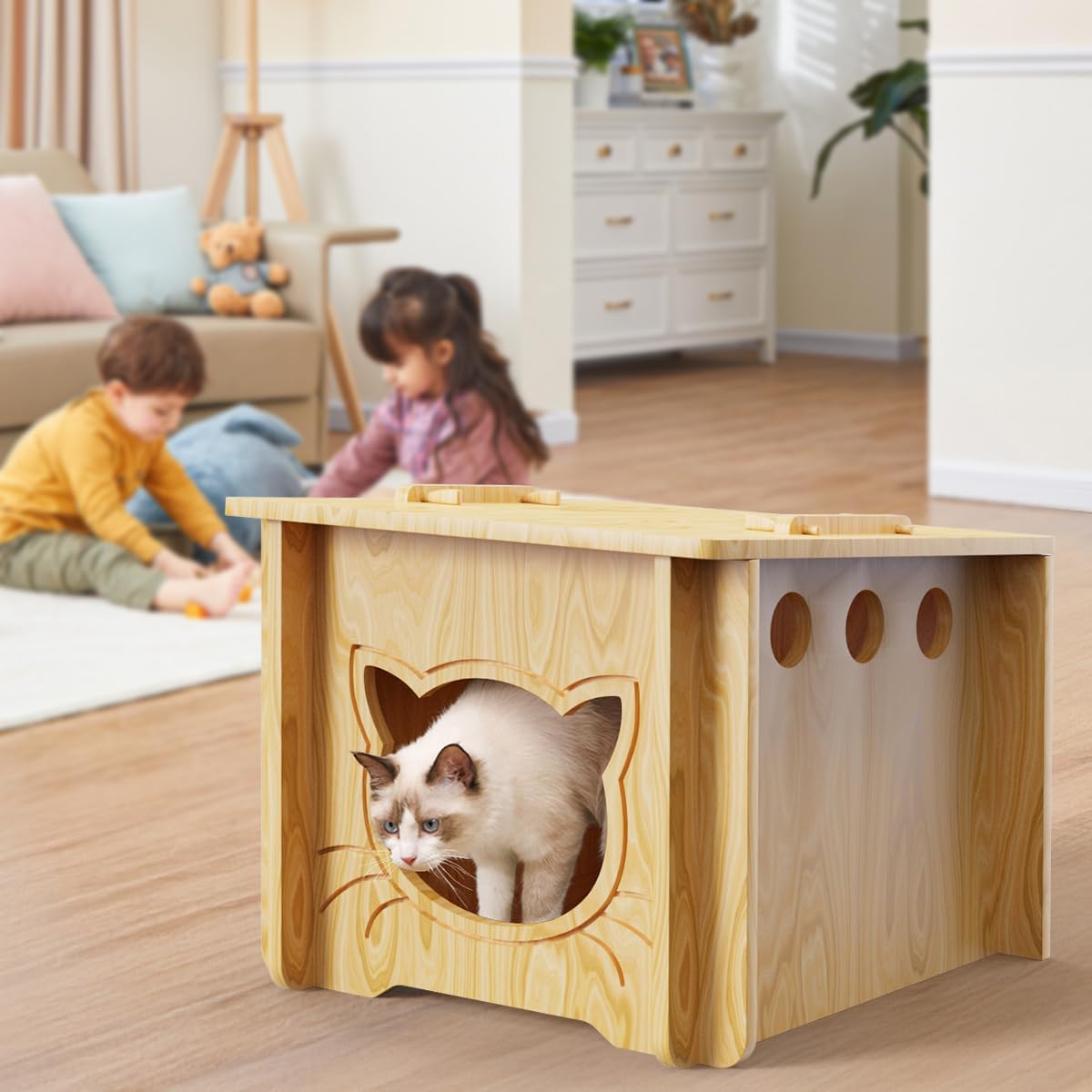 Pinewood Cat House, Weatherproof Wooden Bunny Rabbit Cat Hutch Outdoor Pet Cage Shelter Feral Cat House, Small Pet House and Habitats