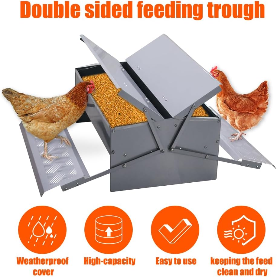 Automatic Chicken Feeder Treadle Feeding Trough, No Waste 25lbs Large Capacity Capacity Double-Side Treadle Auto Poultry Feeder, with Weatherproof Lid for for 6-12 Hens Fowl Duck
