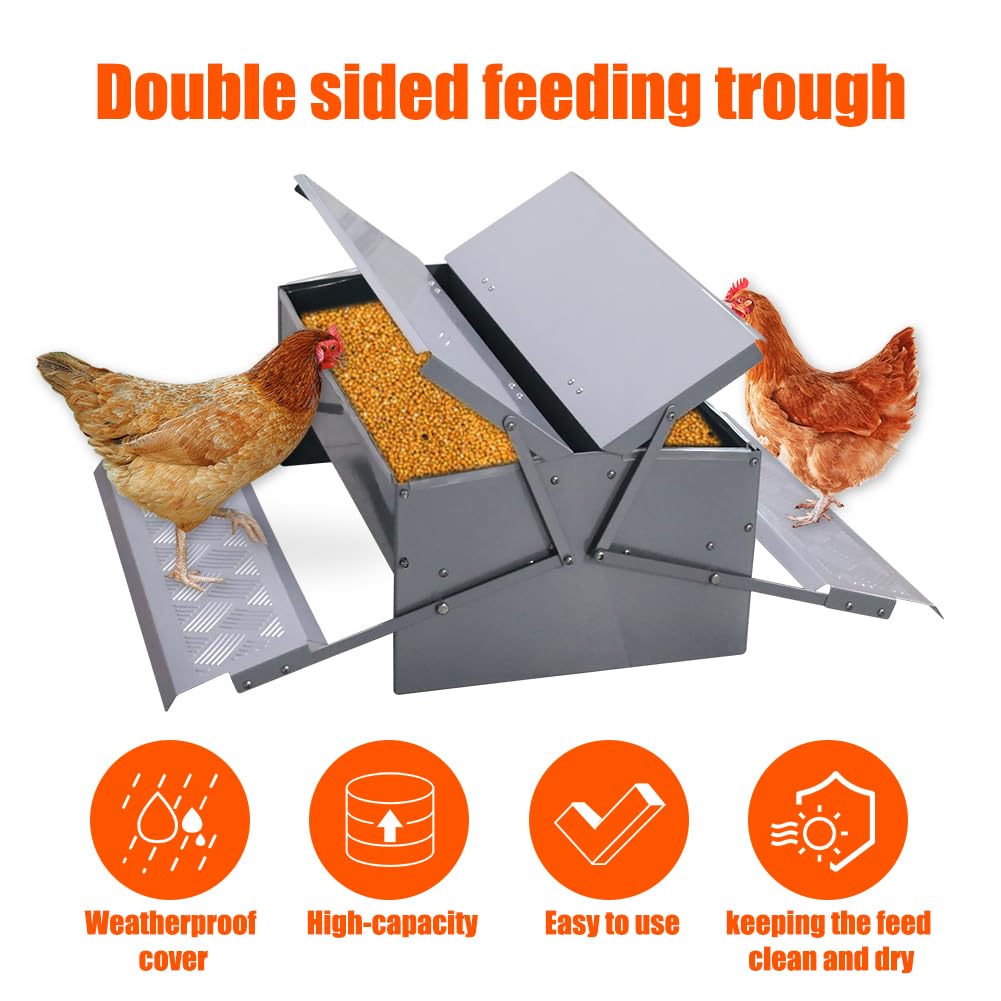 Automatic Chicken Feeder Treadle Feeding Trough, No Waste 25lbs Large Capacity Capacity Double-Side Treadle Auto Poultry Feeder, with Weatherproof Lid for for 6-12 Hens Fowl Duck