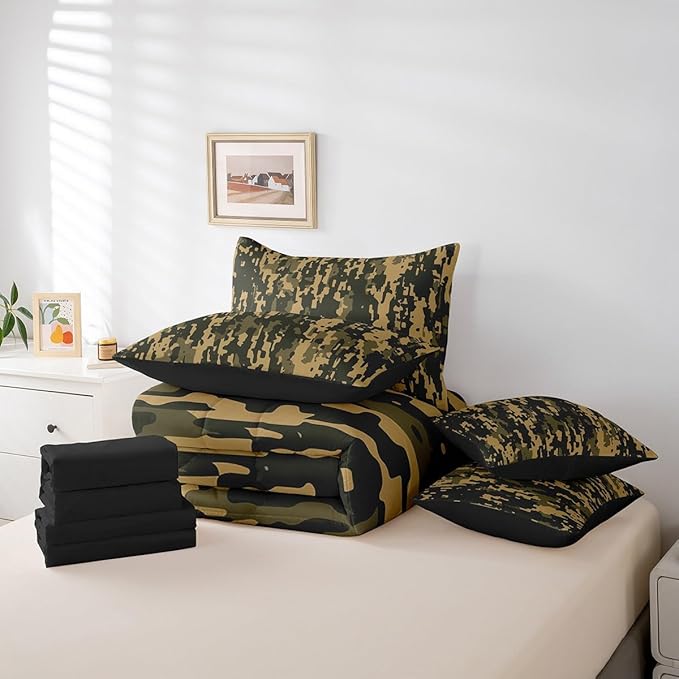 Feelyou Camouflage Print Bed Set Boys Girls Queen Size Camo 7 Pieces Bedding Set for Kids Women Men Military Style Bed Set Includes Comforter, Sheet Set, Pillowcases Army Camo Room Decor