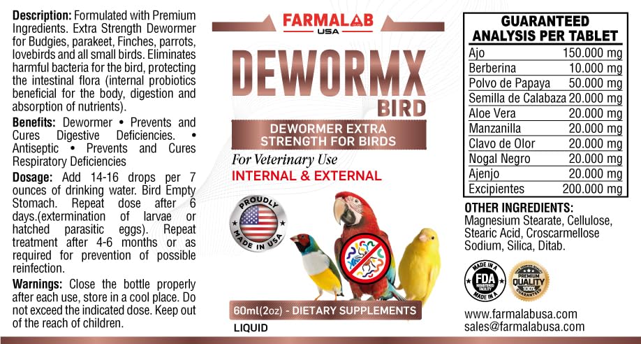 Farmalab Natural Dewormer Internal & External 100 Tabs Poultry - Vitamin for Poultry Rooster Hen Chicken Baby Chick Doves Pigeons and All Caged Birds (All Caged Birds)