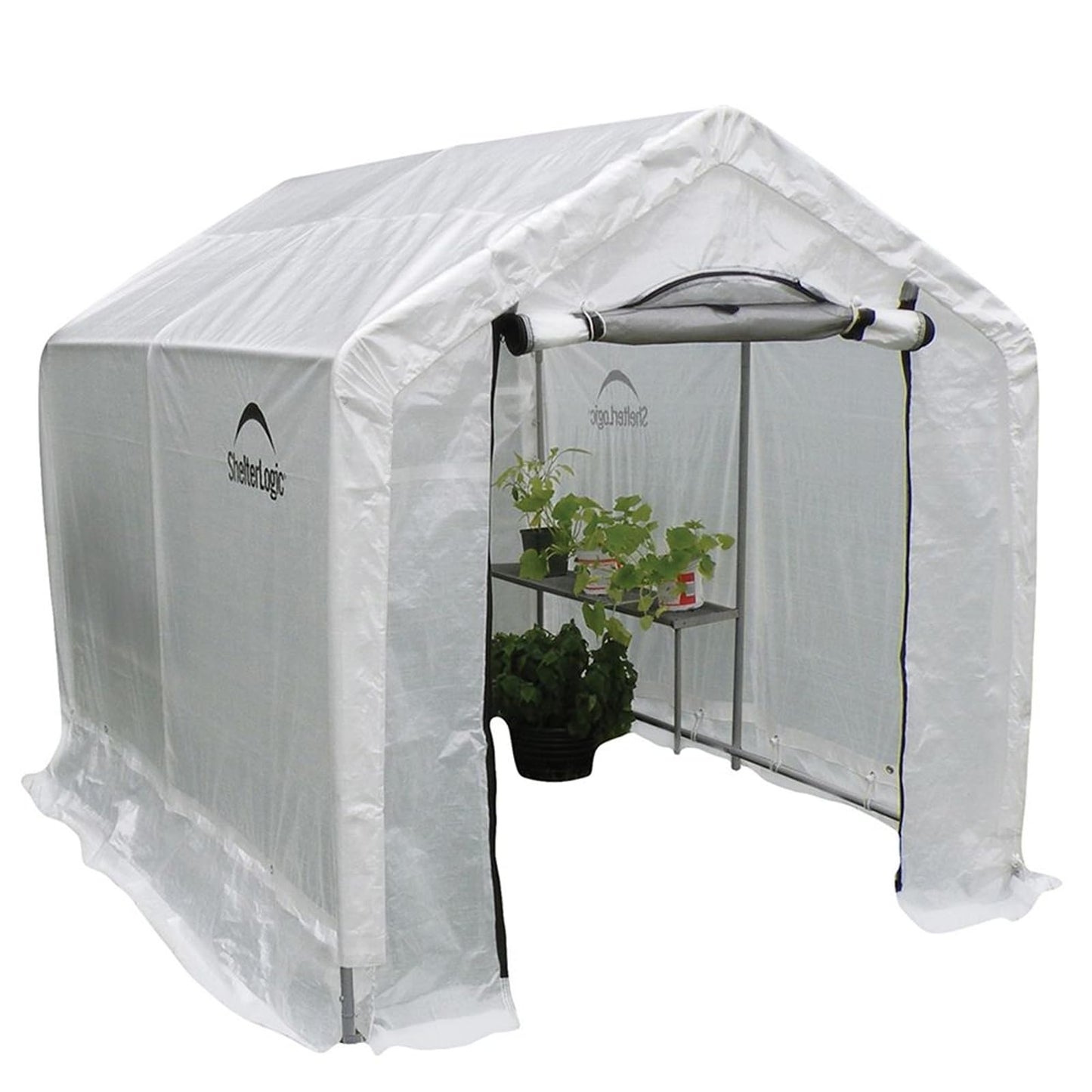 ShelterLogic 6' x 8' x 6.5' GrowIT Greenhouse Peak Roof Style Backyard Grow House with Integrated Shelving, 6' x 8' x 6', Translucent