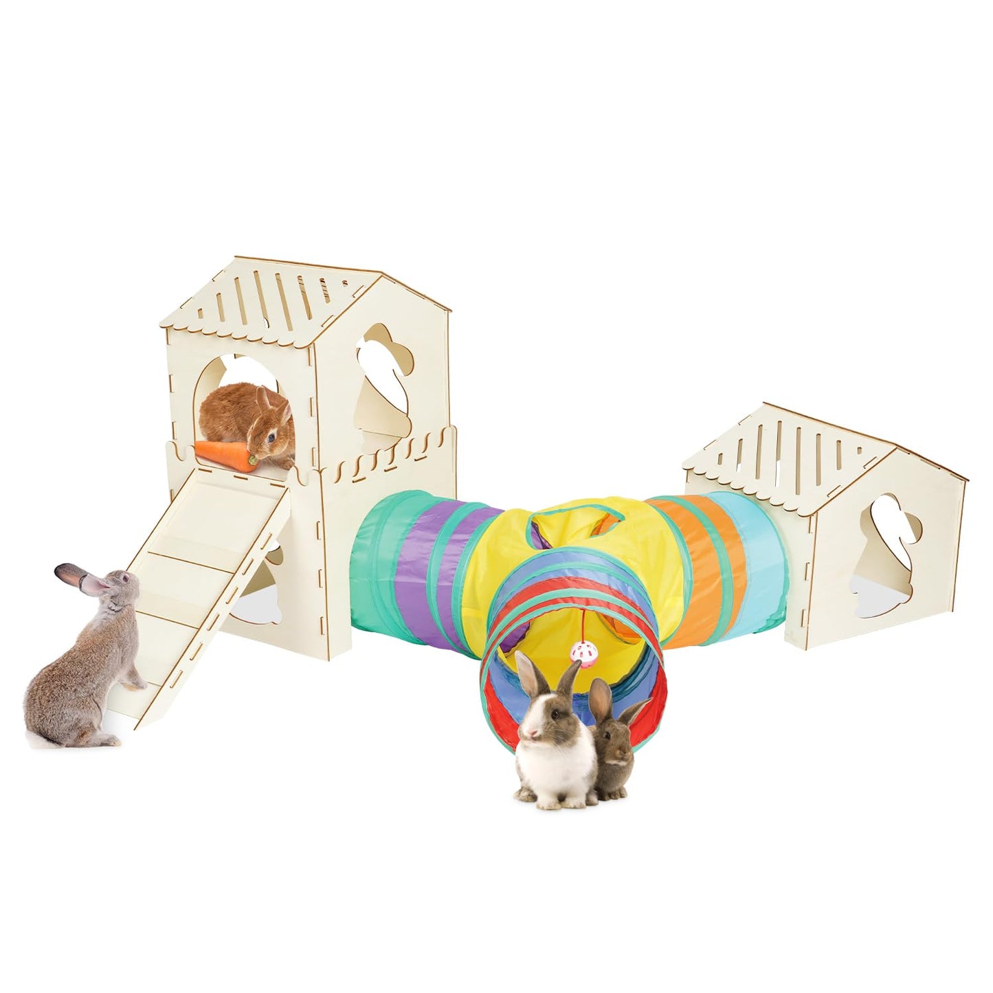 Extra Large Sturdy Rabbit Hideout with 3 Way Tunnels, Wooden Bunny Castle with Stairs, Rabbit Hideout Castle Tower Toys for Indoor Outdoor Play