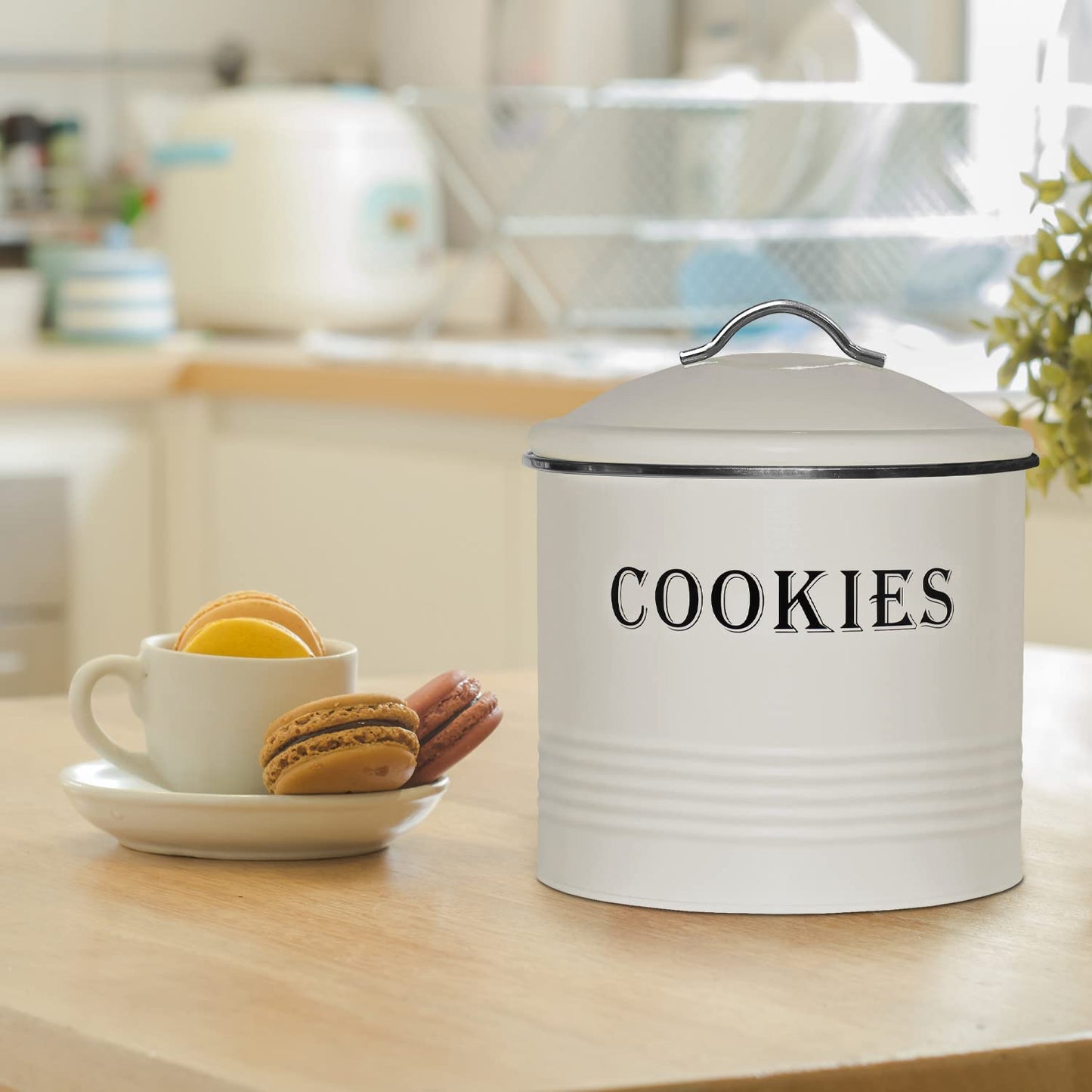 Blue Donuts Vintage Cookie Jar - Airtight Counter Cookie Container, Ivory Tin with Lid for Gift Giving, Large Capacity