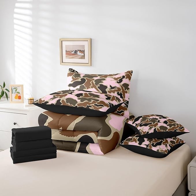 Feelyou Duck Hunter Pink Camouflage Hunting 7 Pieces Bedding Set, Queen Size Black Brown All Season,Bed in a Bag with Comforter, Sheets, Pillowcases Camo Army Bed Set Breathable Wild Room Decor